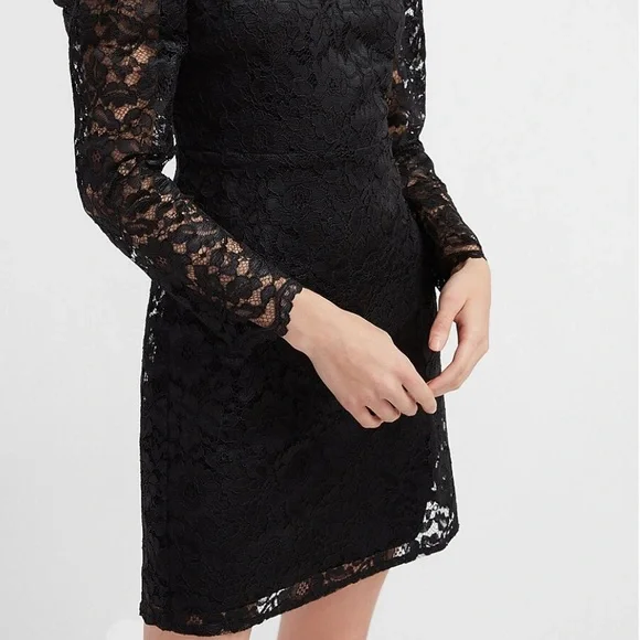 NWT EXPRESS Black Lace Puff Sleeve Fit and Flare Dress - Picture 3 of 9